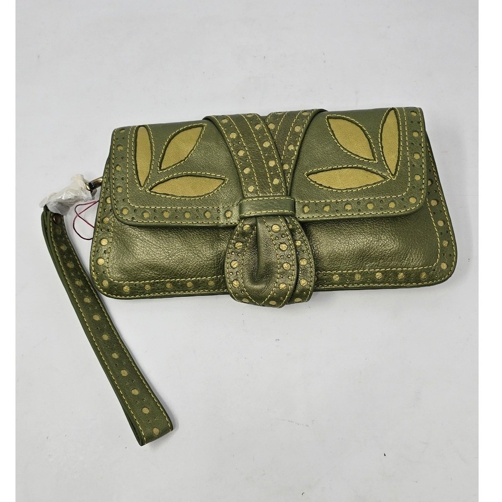Vtg Y2K Isabella Fiore wristlet clutch women green metallic leather w/punch work
